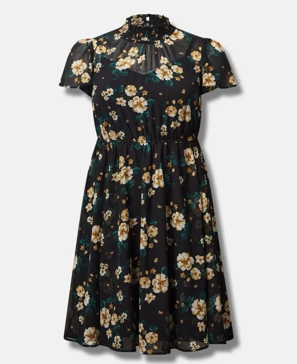 Torrid Black Floral Chiffon Overlay Mini Dress Smocked Neck Cottagecore Size 1X - Picture 1 of 8
